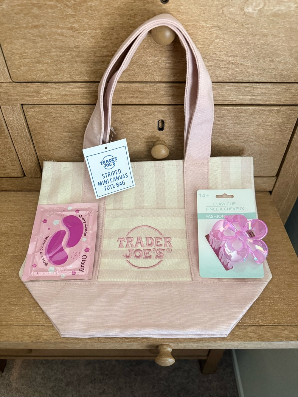 Trader Joe's Striped Mini Canvas Tote Bag - Light Pink